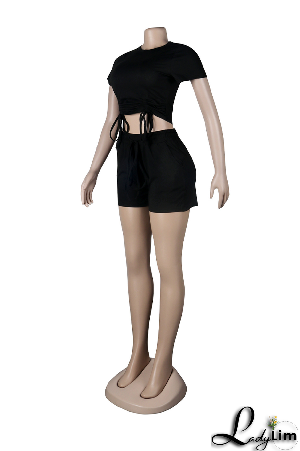 Rose Red Fashion Solid Draw String O Neck Short Sleeve Two Pieces