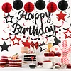 Birthday Decorations, NO DIY, Pre-Strung Happy Birthday Banner with Honeycomb Balls, Hanging Swirls, Circle Dots Garland, Happy Birthday Party Decorations for Women Men Boys Girls (Red & Black)