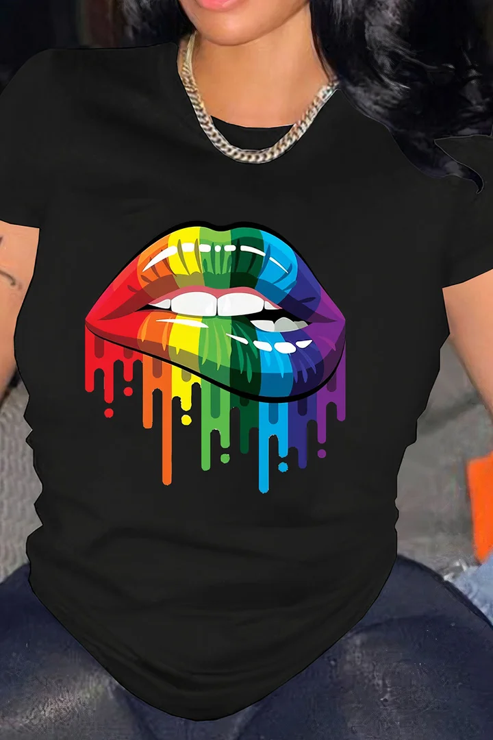 Colorful Lips Print Round Neck T-Shirt