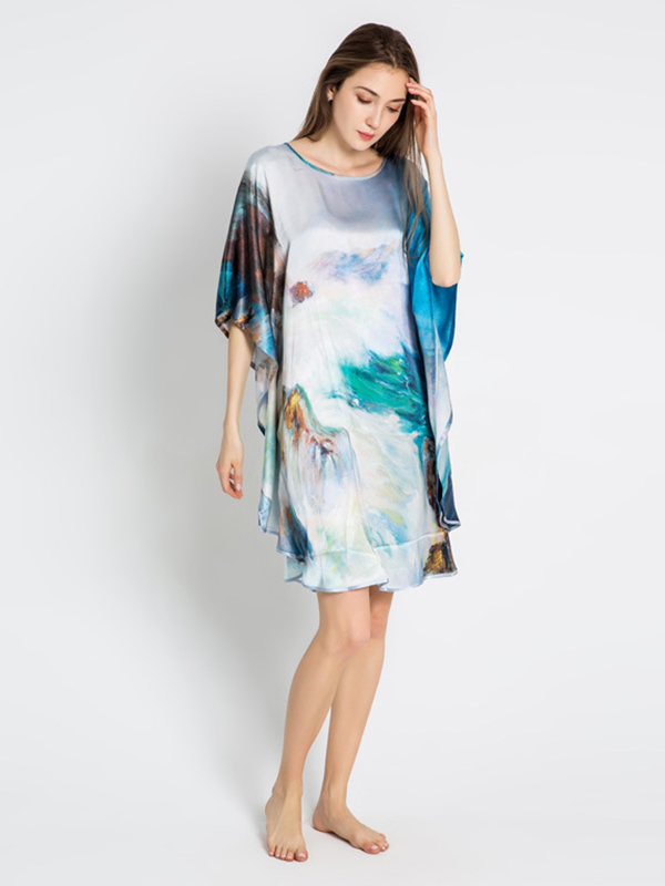 19 MOMME Robe de nuit en soie imprimé la mer bleu - grande taille- SOIE PLUS