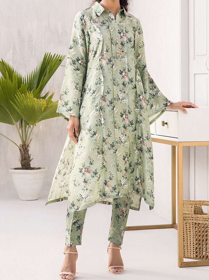 Lapel Floral Printed Long Type Top With Pants Set