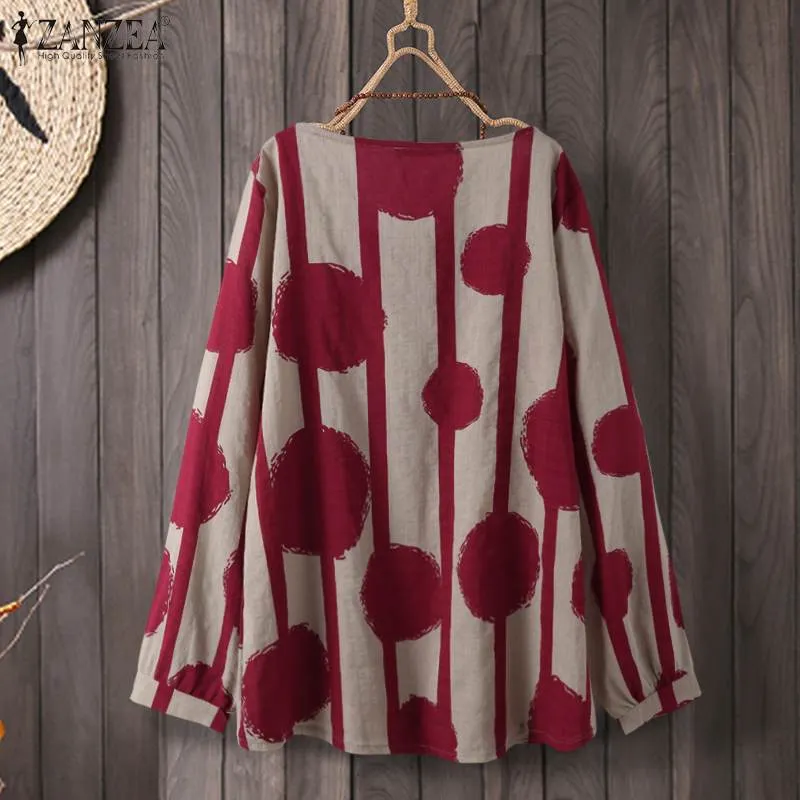 Vintage O Neck Long Sleeve Blouse Spring Women Polka Dot Printed Shirt ZANZEA Female Casual Loose Blusas Chemise Tunic Tops