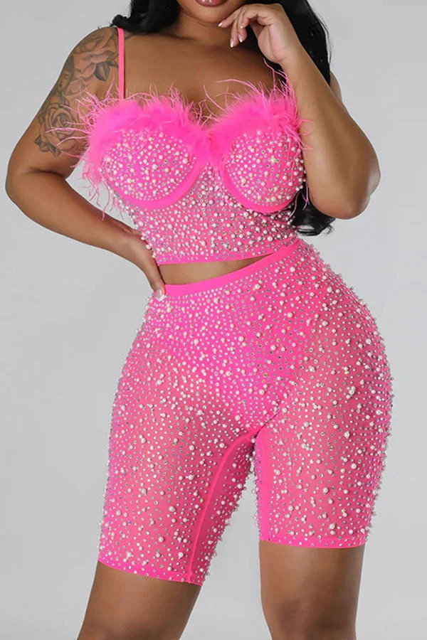 Fasheicon Rhinestone & Beaded Undeniable Fuzzy Trim See-Through Pant Suit