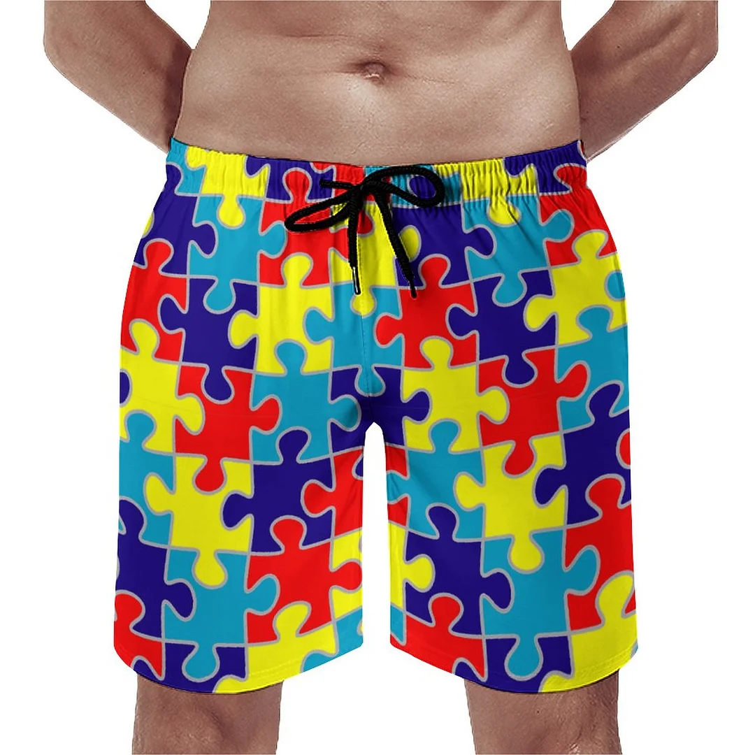 Asd Aspergers Autism Awareness Puzzle Men's Swim Trunks Summer Board Shorts Quick Dry Beach Short with Pockets
