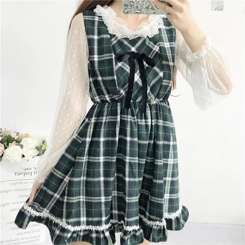 Green Grid Falbala Bow Dress/Chiffon Shirt S12919