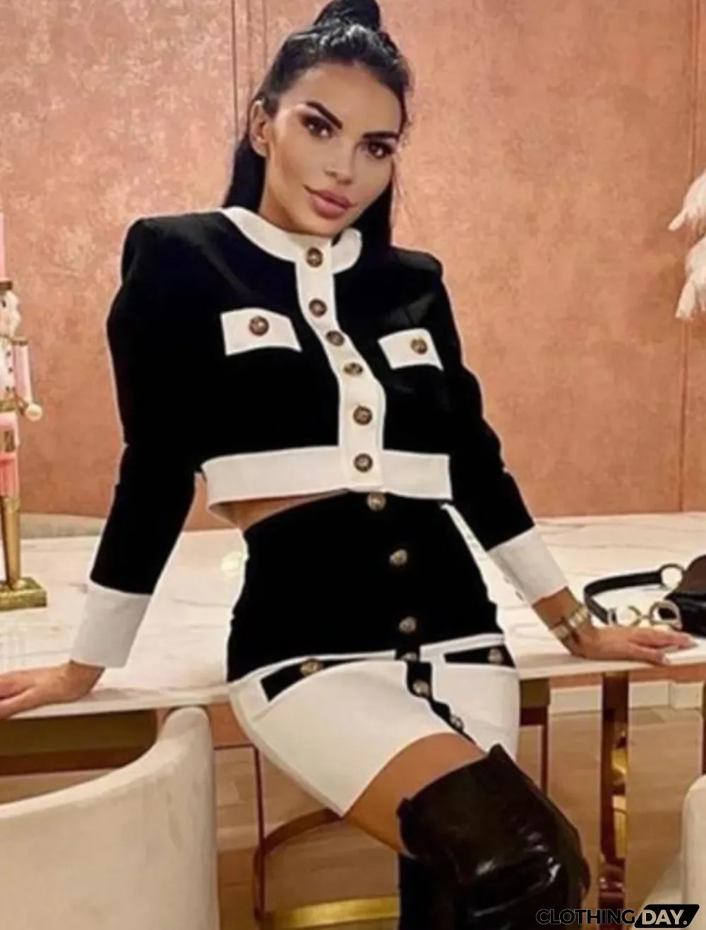 Spring Eleagnt Black Button Up Long Sleeve Jacket and Pencil Skirt Wholesale Womens 2 Piece Sets