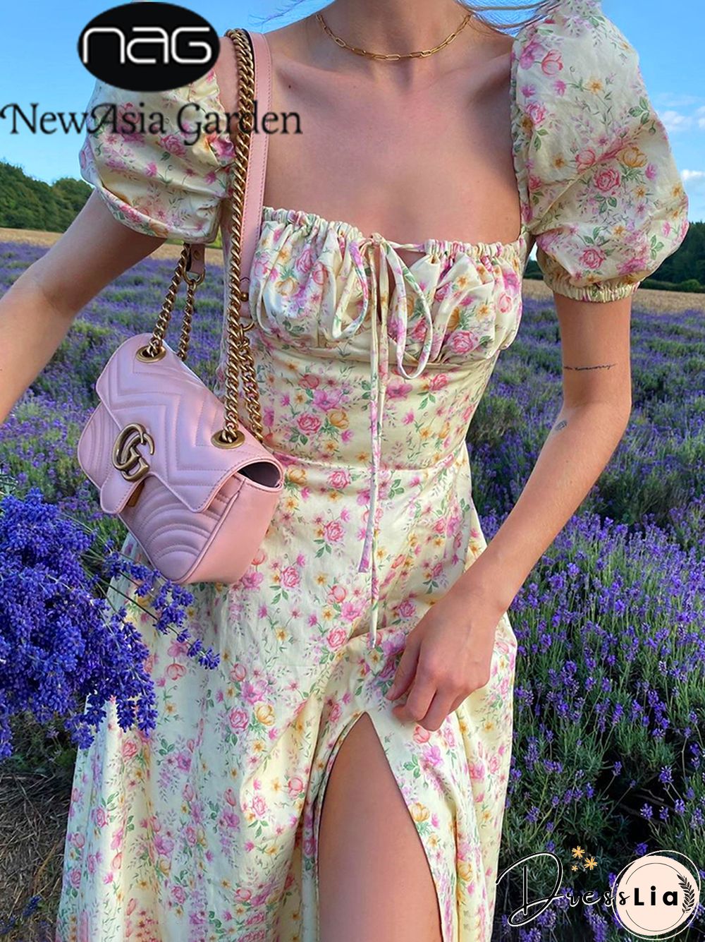 NewAsia Vintage Floral Dress Women Summer Square Collar Puff Sleeve Long Dress Sexy Off Shoulder Side Split A-line Dress