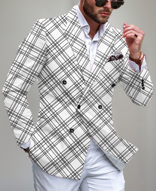 Fashion Plaid Pattern Chest Pocket Double Breasted Blazer