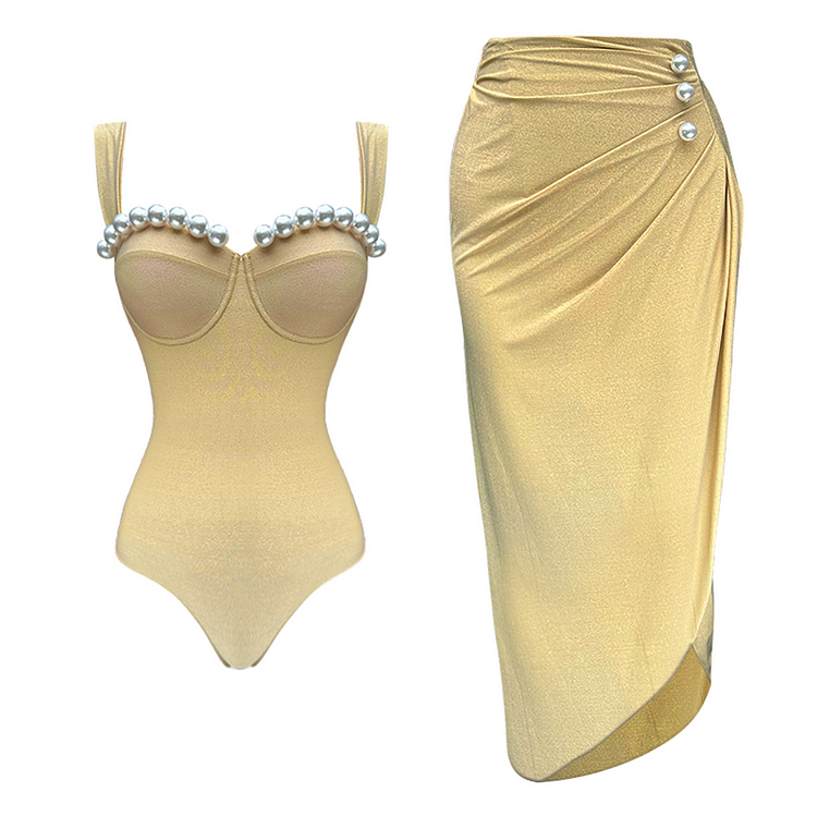 Shiny Fabric Sling Pearl Decor Light Golden One Piece Swimsuit and Skirt