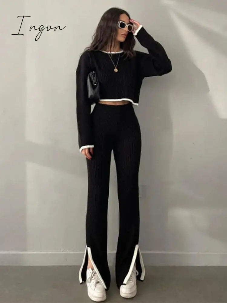 Ingvn - Clothes Outfits For Women Tracksuits Casual Tops Pants Slit Set Solid Knit Sweaters 2 Piece
