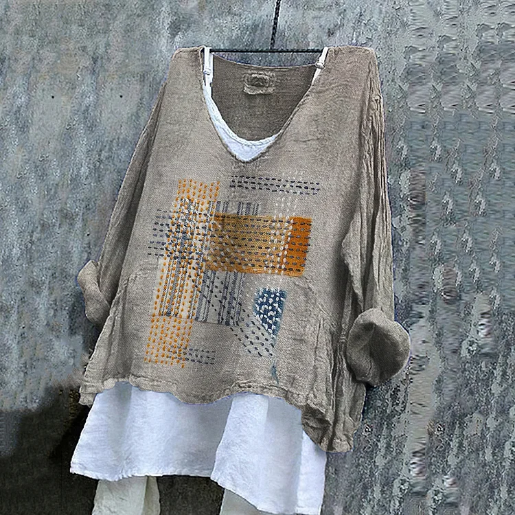 Women's Colorful Embroidered Geometric Textile Art Linen Blend Tunic