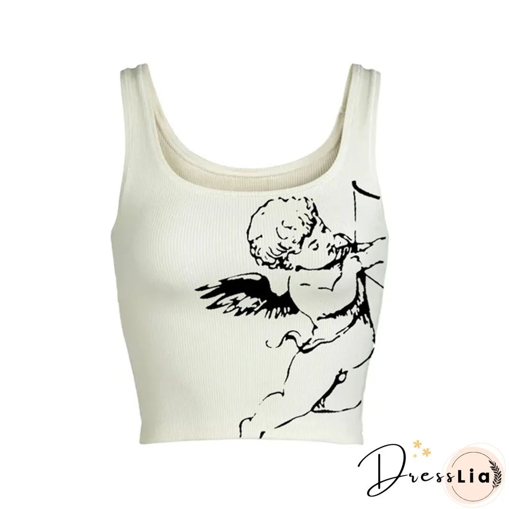 Angel Print Tank Tops Sexy Bodycon Cropped Tee Women Streetwear Harajuku O Neck Knitted Basic Tshirt E Girl Clothes