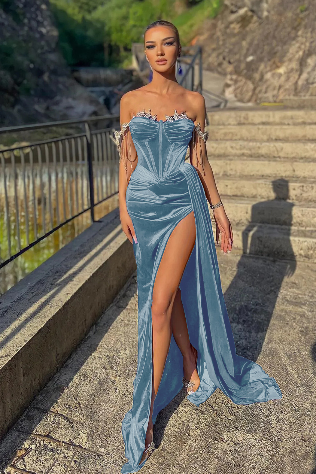 Off The Shoulder Champagne Mermaid Prom Dress with Beadings Split and Ruffles main image 1