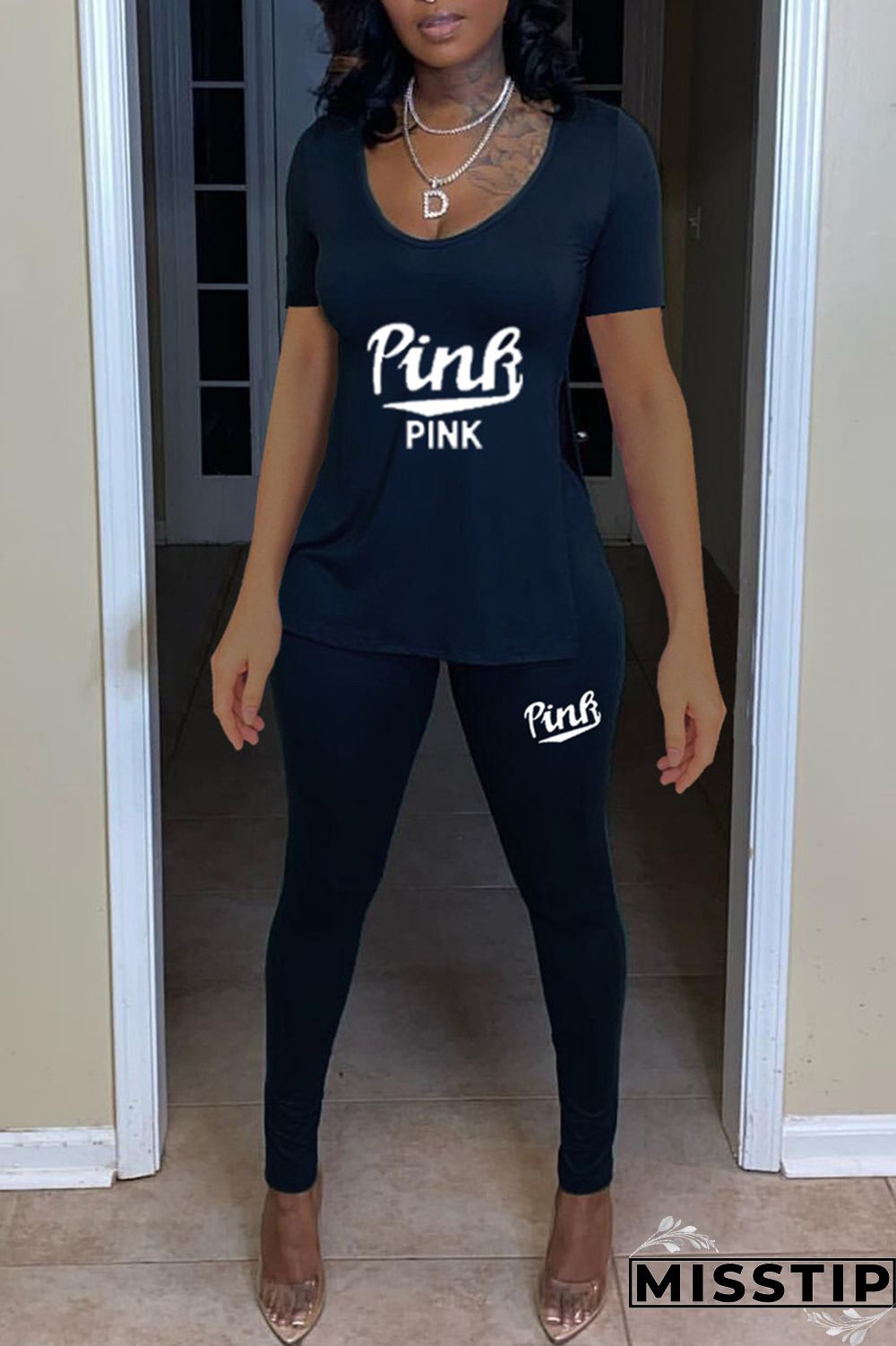 Peacock Blue Fashion Casual Letter Print Slit O Neck Short Sleeve Two Pieces