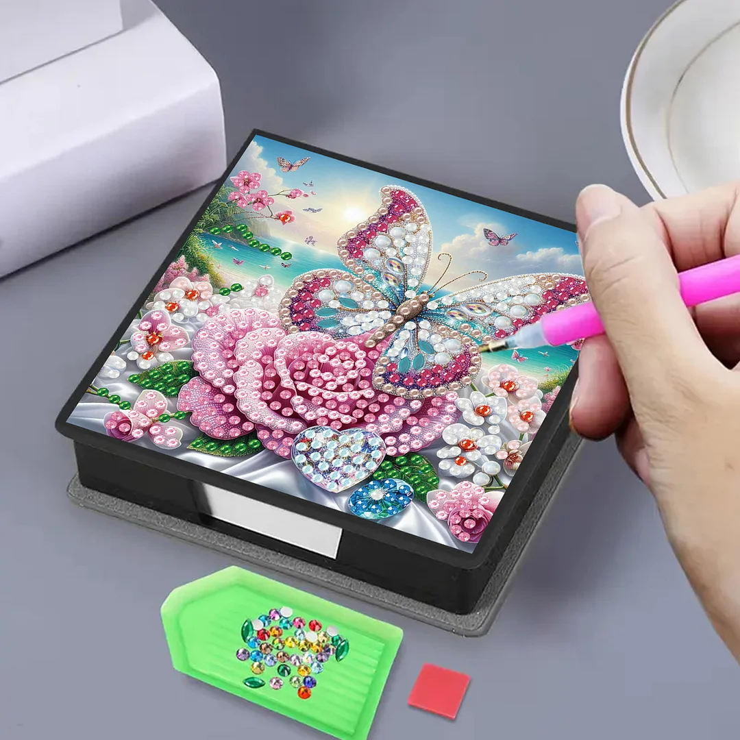 Butterfly and Flower PU DIY 5D Diamond Painting Note Box w/160 Sheets for Office