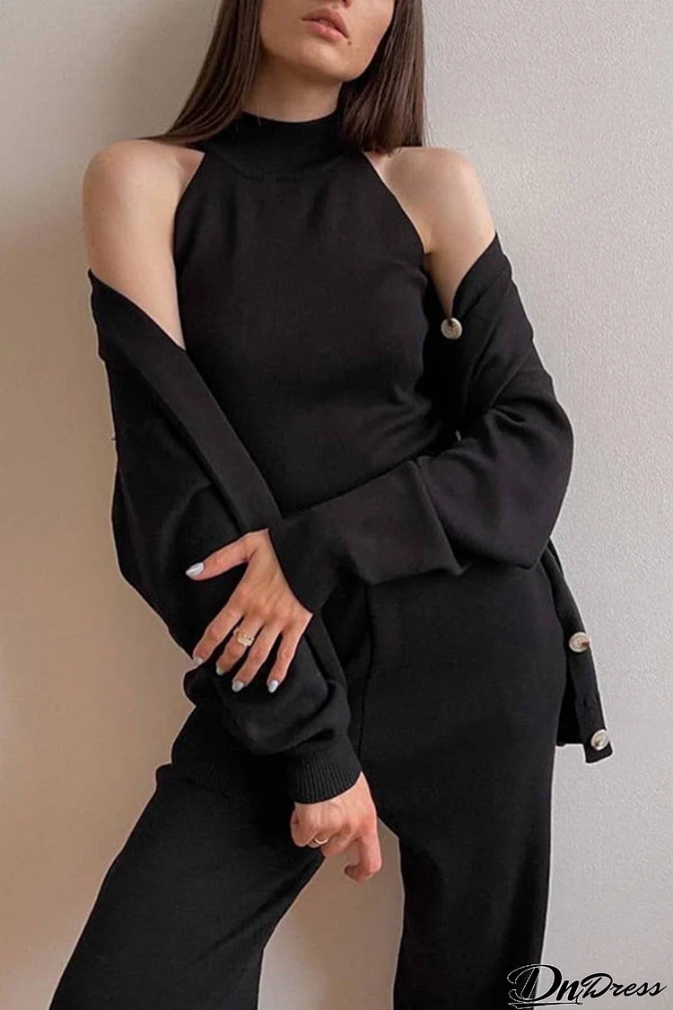 Solid Vest Cardigan Long Pants Knit Three-piece Outfit
