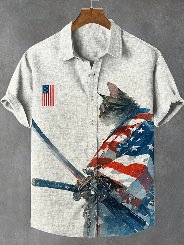 Men's Funny Patriotic Robe Warrior Cat Art Print Linen Blend Shirt