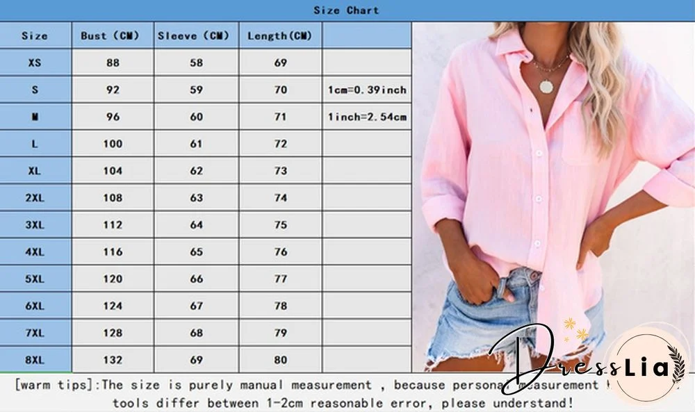 Women's Fashion Cotton Clothing Casual Long Sleeve Blouse with Pocket Pure Color Loose V-neck Tops Ladies Autumn and Winter Plus Size Clothes Buttoned Lapel Shirts XS-8XL