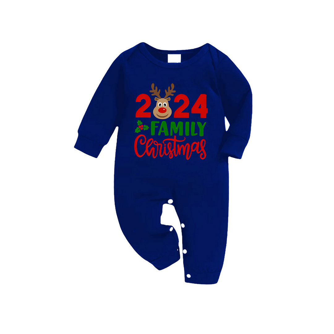 "Family Christmas 2024" Text and Deer Printed Blue and White Plaid Family Matching Pajamas