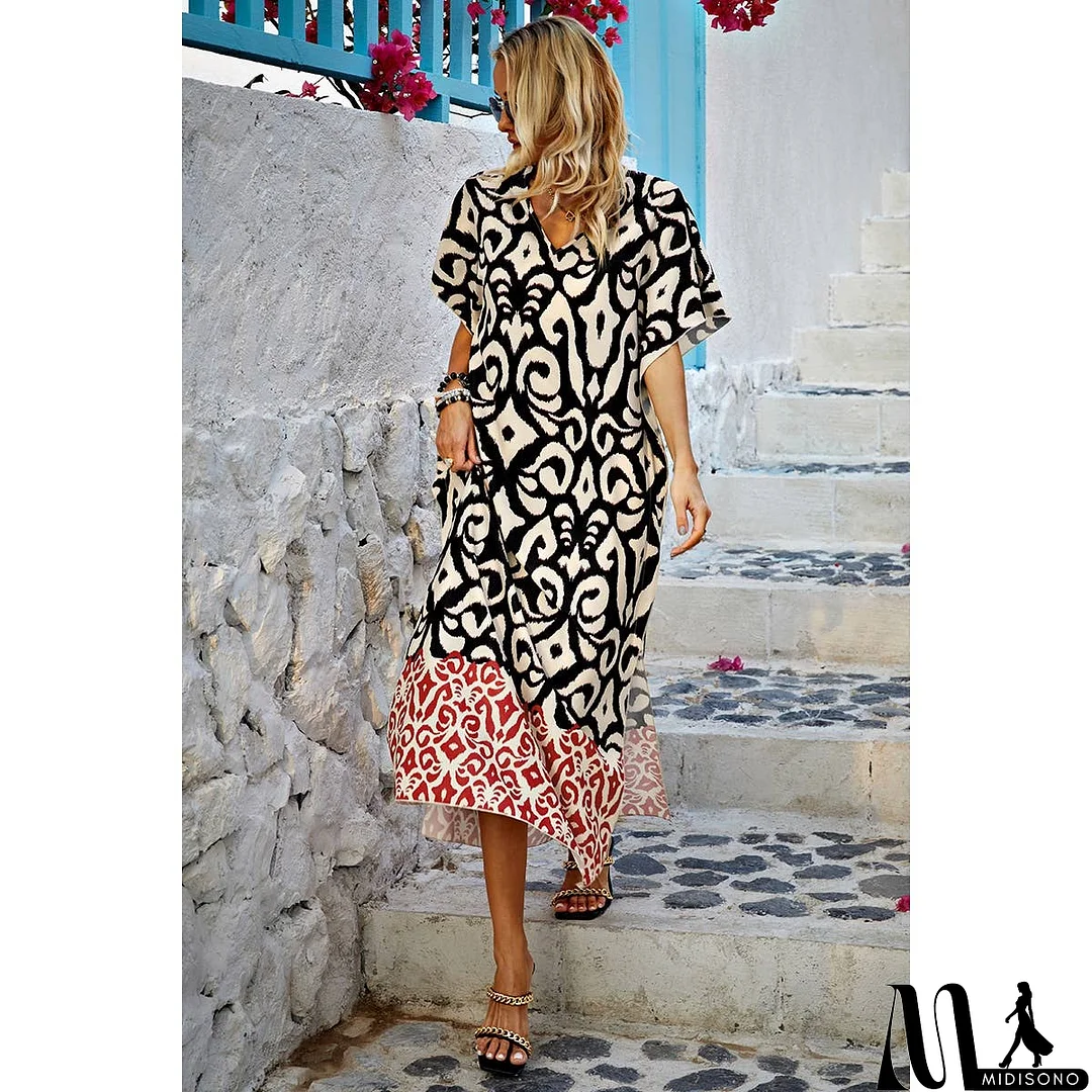 MidiSono - Plus Size V Neck Allover Print Loose Fit Dress