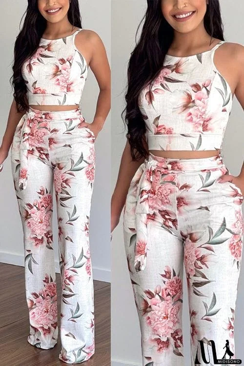 Print Halter Backless Crop Pants Set