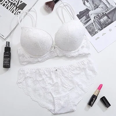 DERUILADY Lace Floral Lingerie Set Push Up Bra Women Comfort Adjusted Bra And Panty Set Sexy Backless Wireless Underwear Set