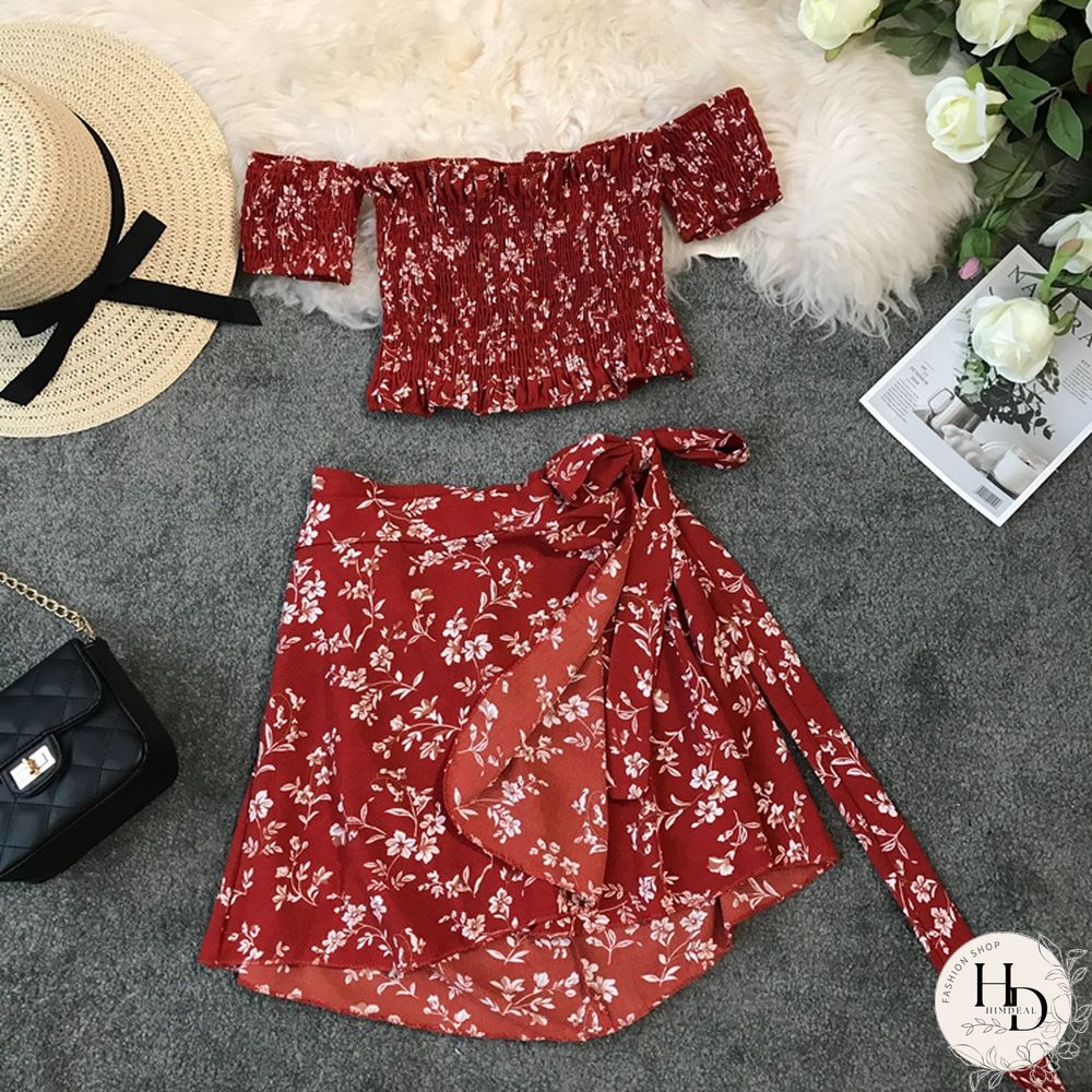 Two Piece Set Womens Sexy Summer Crop Top And Mini Skirt Off Shoulder Elastic Print Floral