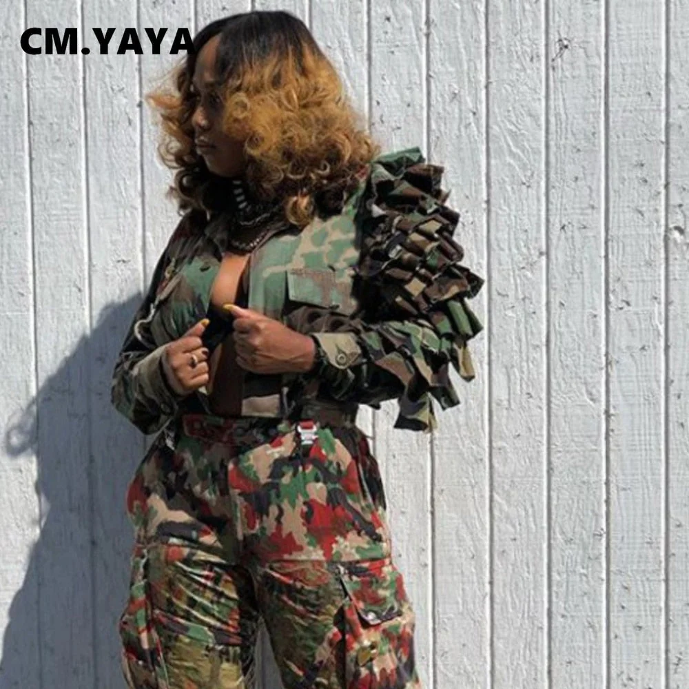 CM.YAYA Women Camouflage Cacading Ruffles Flare Sleeve Button Up Jacket Spring Winter Streetwear Military Jackets Outcoat