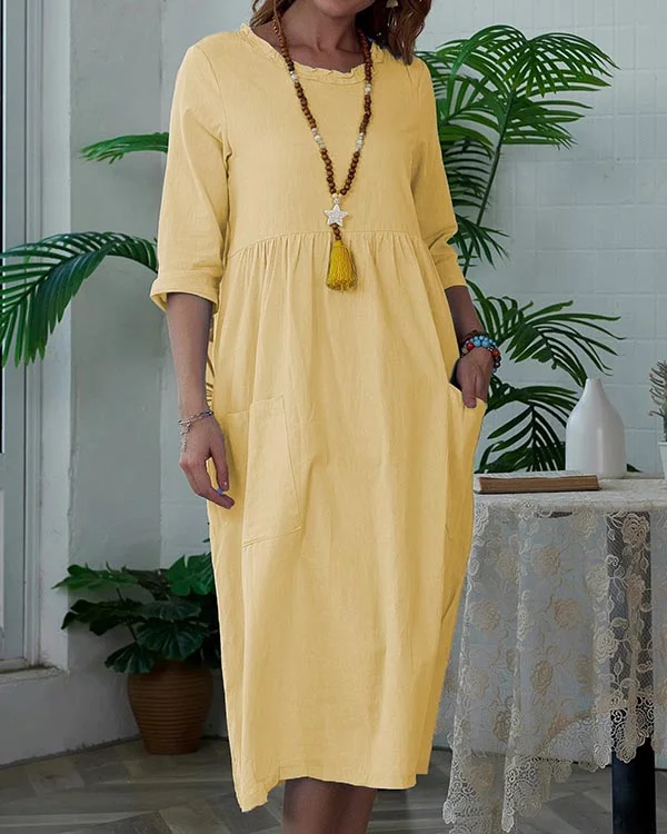 🔥Last Sale 50%OFF🔥 Solid Breathable 3/4 Sleeve Crew Neck Linen Dress