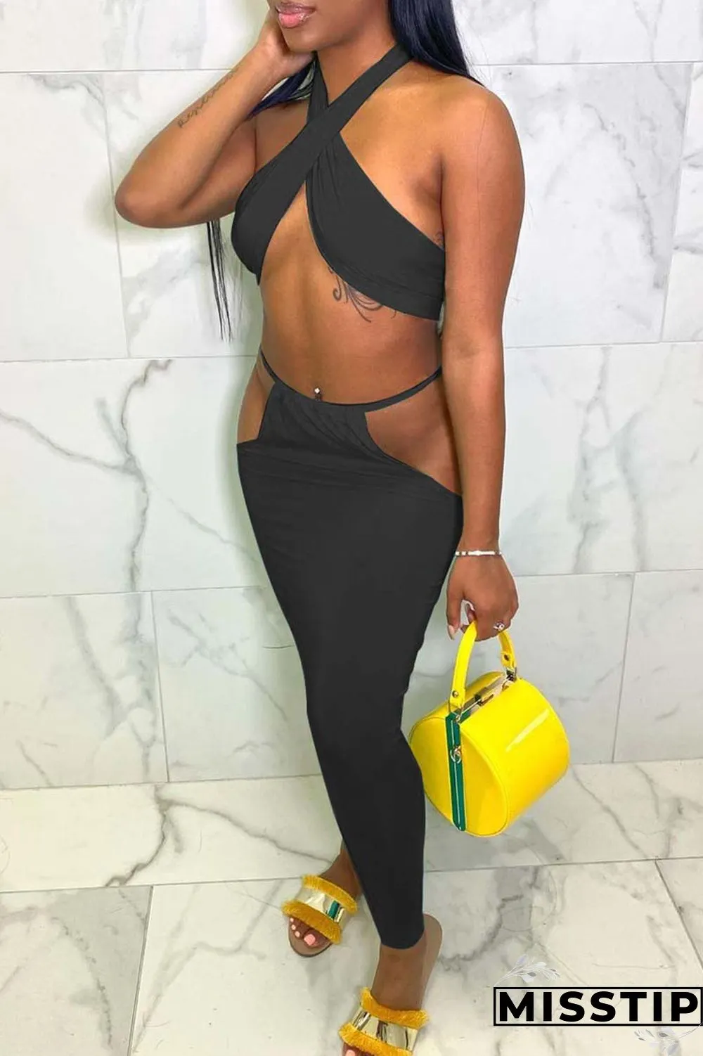 Blue Sexy Solid Hollowed Out Backless Halter Sleeveless Two Pieces