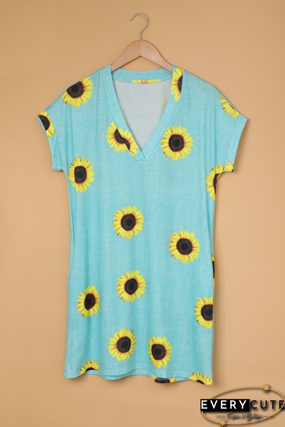 Short Sleeve V Neck Sunflower Print Mini Dress with Pocket