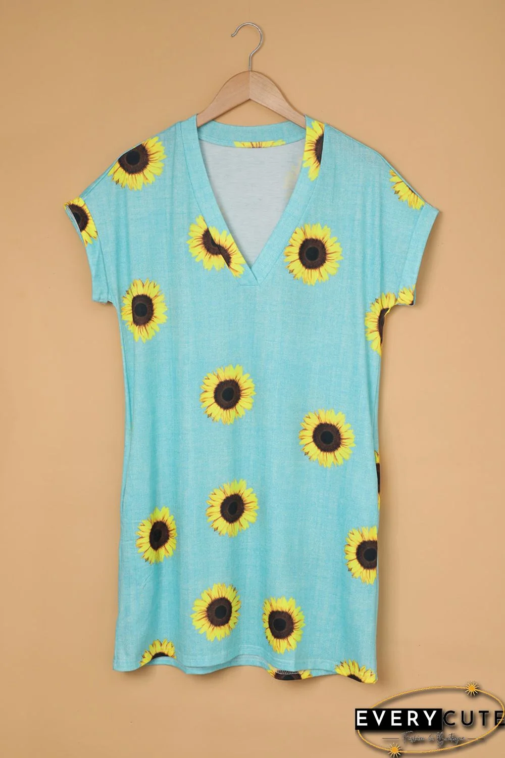 Short Sleeve V Neck Sunflower Print Mini Dress with Pocket