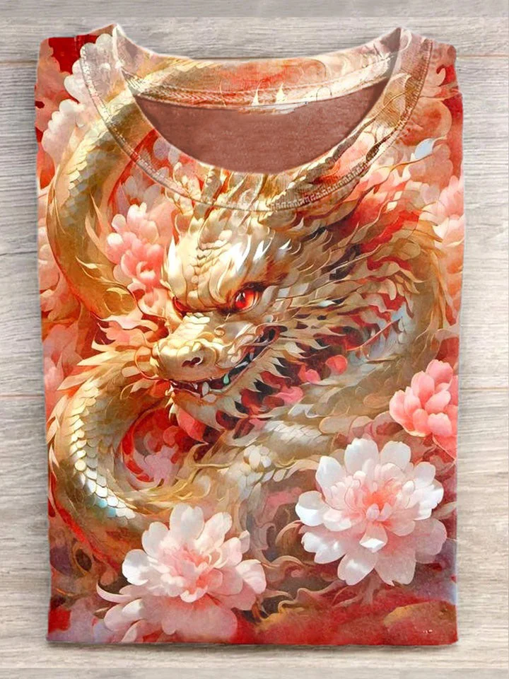 Unisex Chinese Mythical Dragon Art Illustration Print Casual Short Sleeve T-Shirt