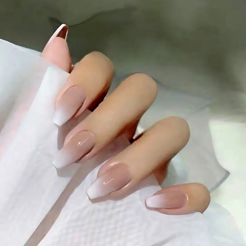 24PCS/box Gradient Color Ballet Med-Length Fake Nails press on full cover Wearing Wearable acrylic nail tips with glue for girls-Nail Inspo