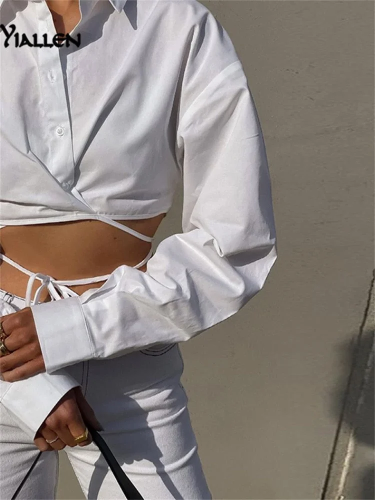 Yiallen Autumn Y2K Bandage Shirt Women 2021 New Long Sleeve Tops Slim Fashion Design Clothing Solid Casual Wild Streetwear Hot
