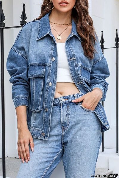 Button Up Dropped Shoulder Denim Jacket with Pockets