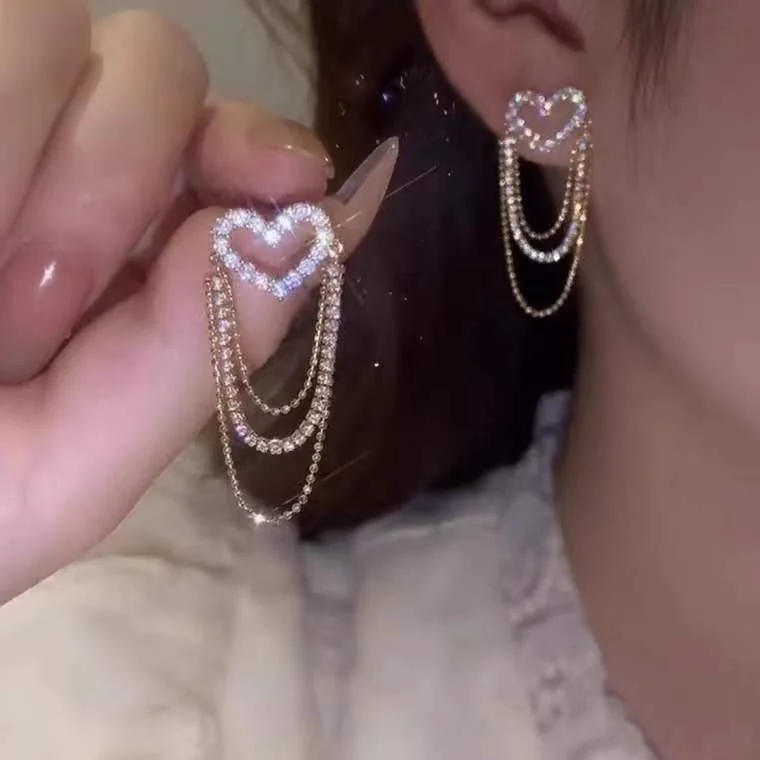 Love Tassel Multi-layer Chain Hot-selling Earrings New Trendy Korean Heart-shaped Rhinestone Earrings Party Jewelry Gifts