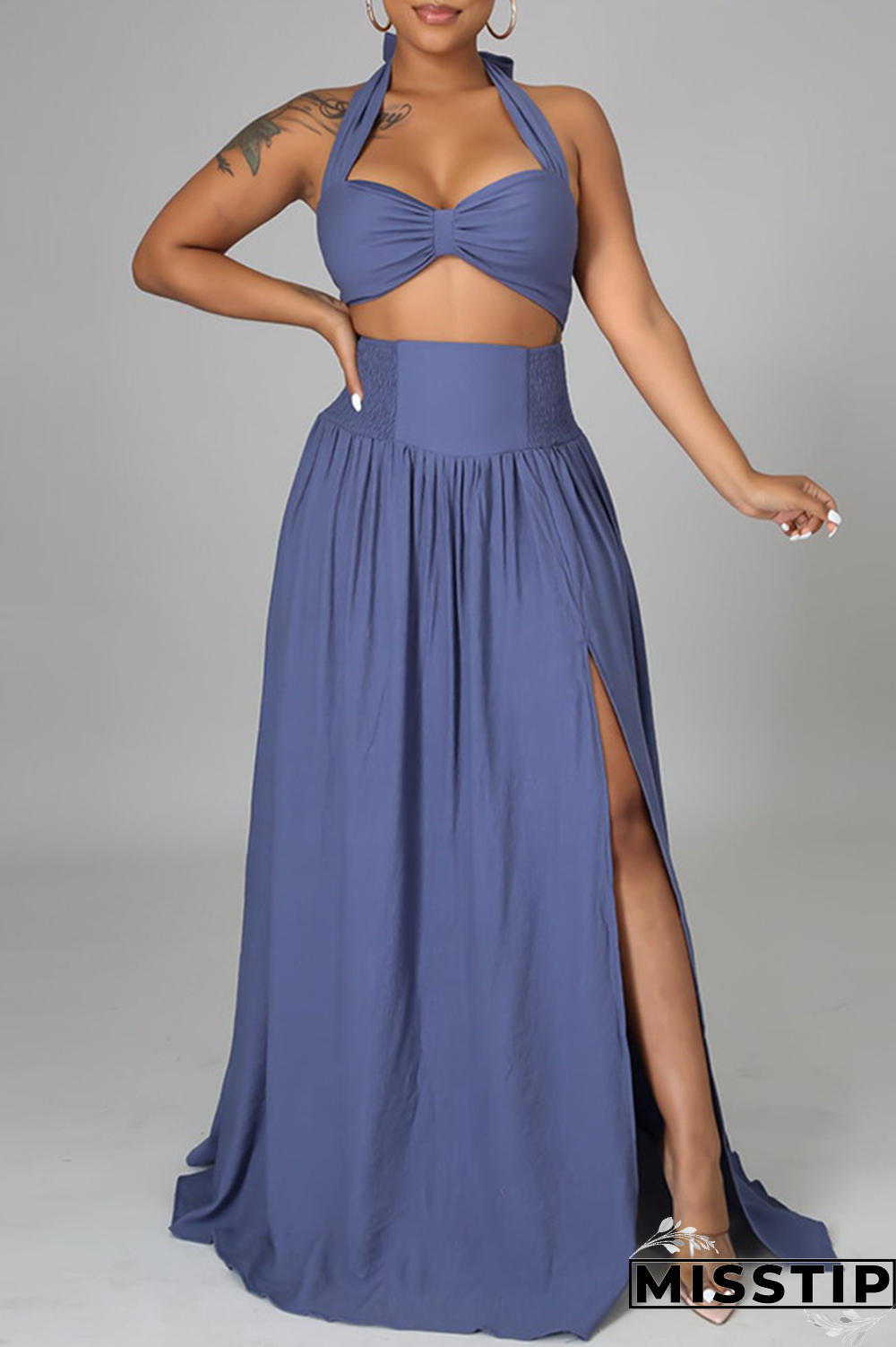 Blue Sexy Solid Mesh Halter Sleeveless Two Pieces