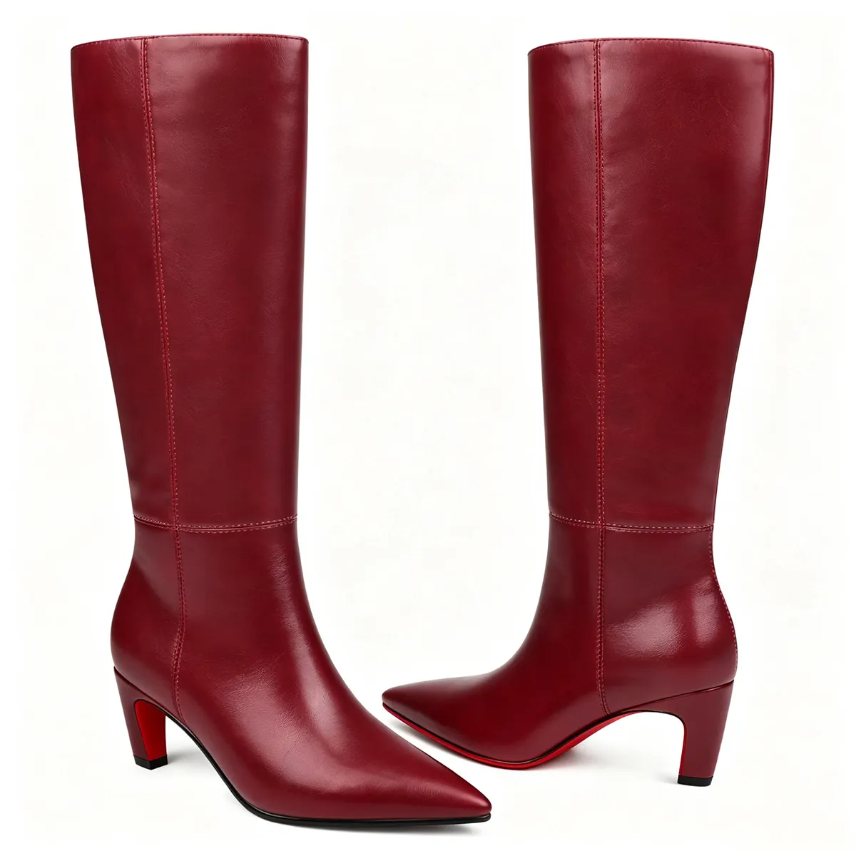 60mm Pointed Toe Knee‑High Block Heel Boots Red Bottom Side Zipper Leather Tall Boots for Women-MERUMOTE
