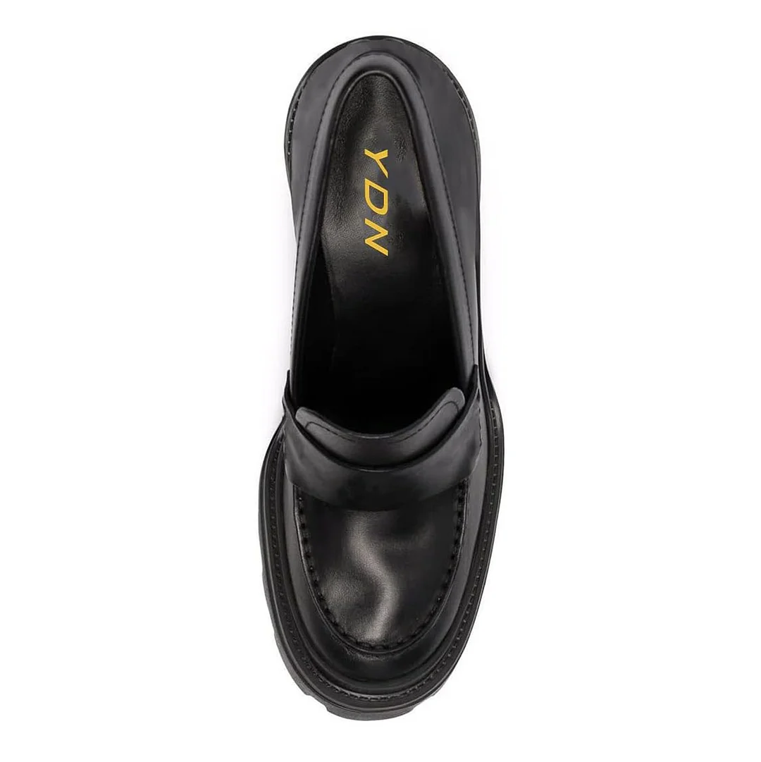Black Vegan Leather Round Toe Block Heel Loafers for a Formal Outfit