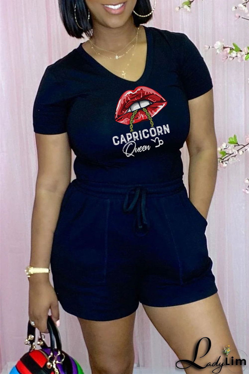 Rose Red Fashion Casual Lips Printed Basic V Neck Short Sleeve Two Pieces