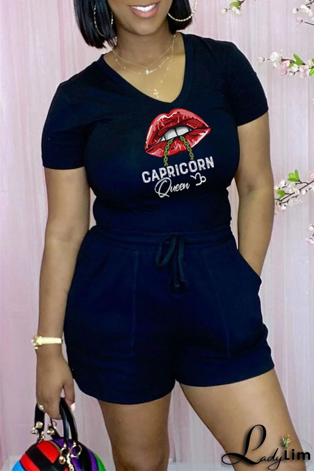 Rose Red Fashion Casual Lips Printed Basic V Neck Short Sleeve Two Pieces