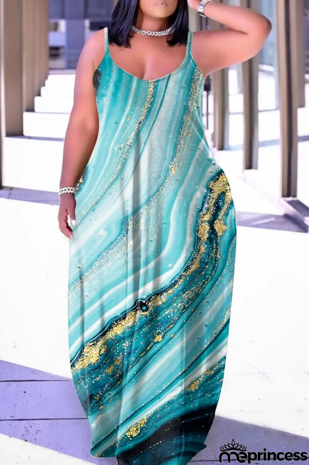 Dark Purple Sexy Casual Print Backless Spaghetti Strap Long Dress Dresses