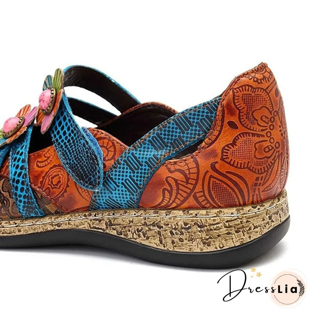 Womens Retro British Floral Leather Sandals Color Stitching Shackles Stripes 