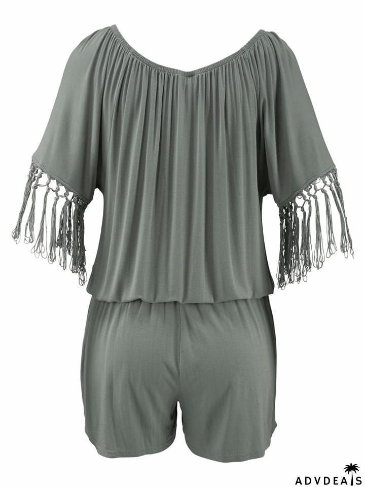 Stylish Off Shoulder Tassel Half Sleeve Pocket Rompers