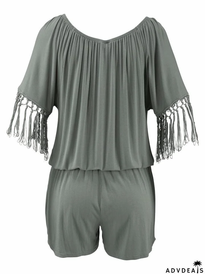 Stylish Off Shoulder Tassel Half Sleeve Pocket Rompers