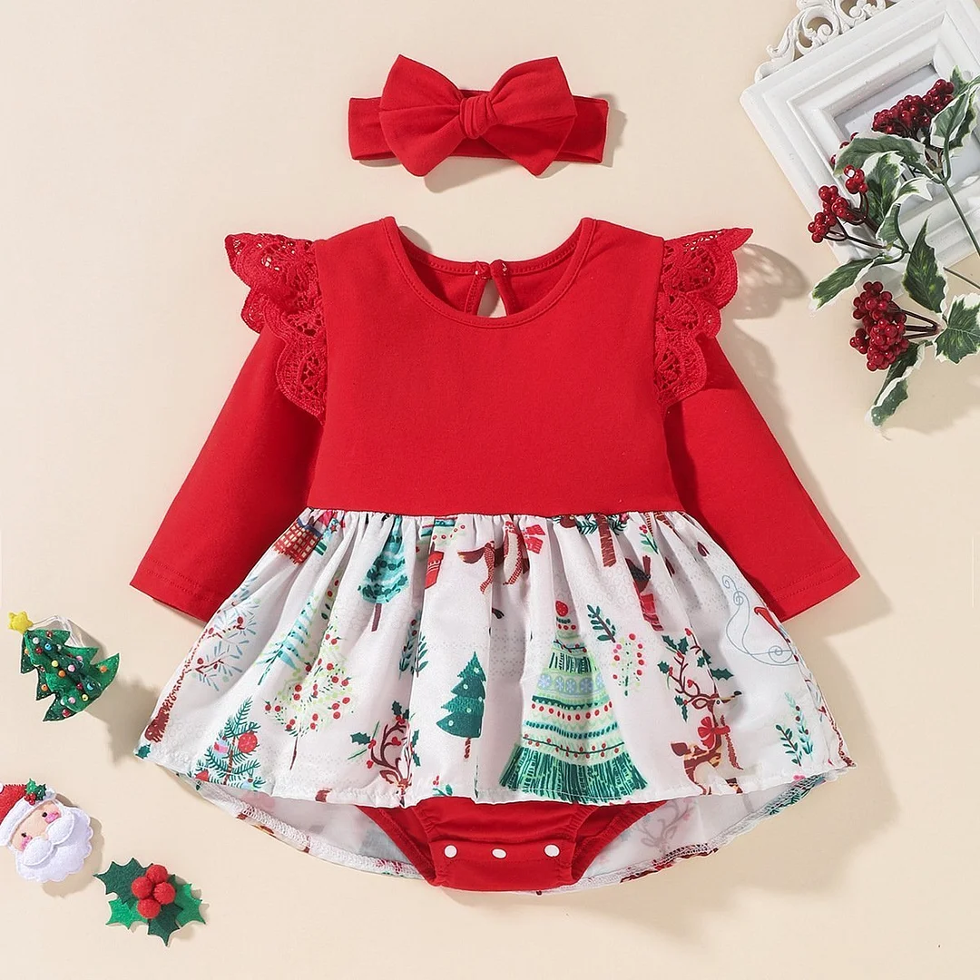 2PCS Lovely Christmas Printed Ruffle Decor Baby Romper