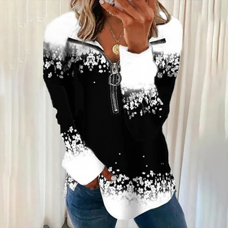 Wearshes Fashion Floral Print Zipper Long Sleeve Sweatshirt