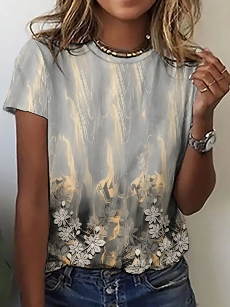 Printed Short Sleeve Casual T-shirt for  Women and Men Unisex Pattern Floral, Gray, Silver