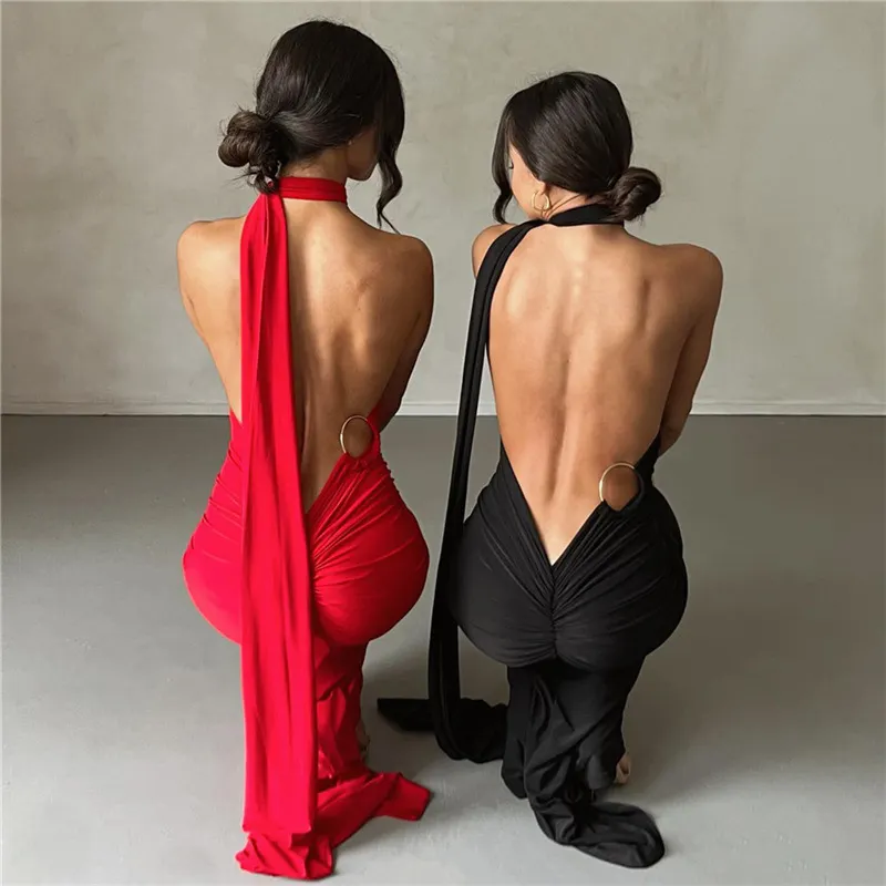 Uveng Uveng New Summer Women's Dress Sexy Back Hanging Neck Bag Hip Slim Evening Dress Dress Woman